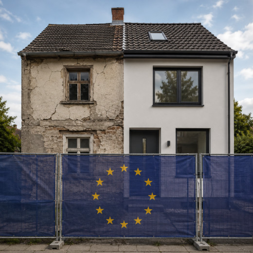 teilsaniertes Doppelhaus davor steht ein Bauzaun mit der europäischen Flaggge