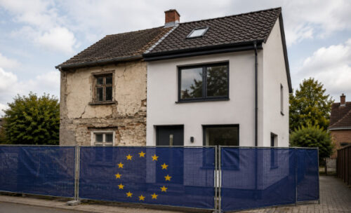 teilsaniertes Doppelhaus davor steht ein Bauzaun mit der europäischen Flaggge