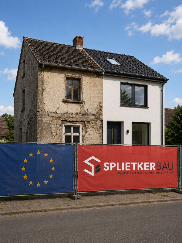 teilsaniertes Doppelhaus davor steht ein Bauzaun mit der europäischen Flaggge