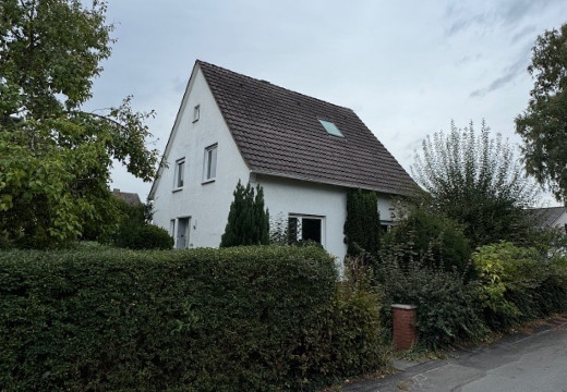 Einfamilienhaus mit Putzfassade und dunklem Dach hinter eine hohen wilden Hecke